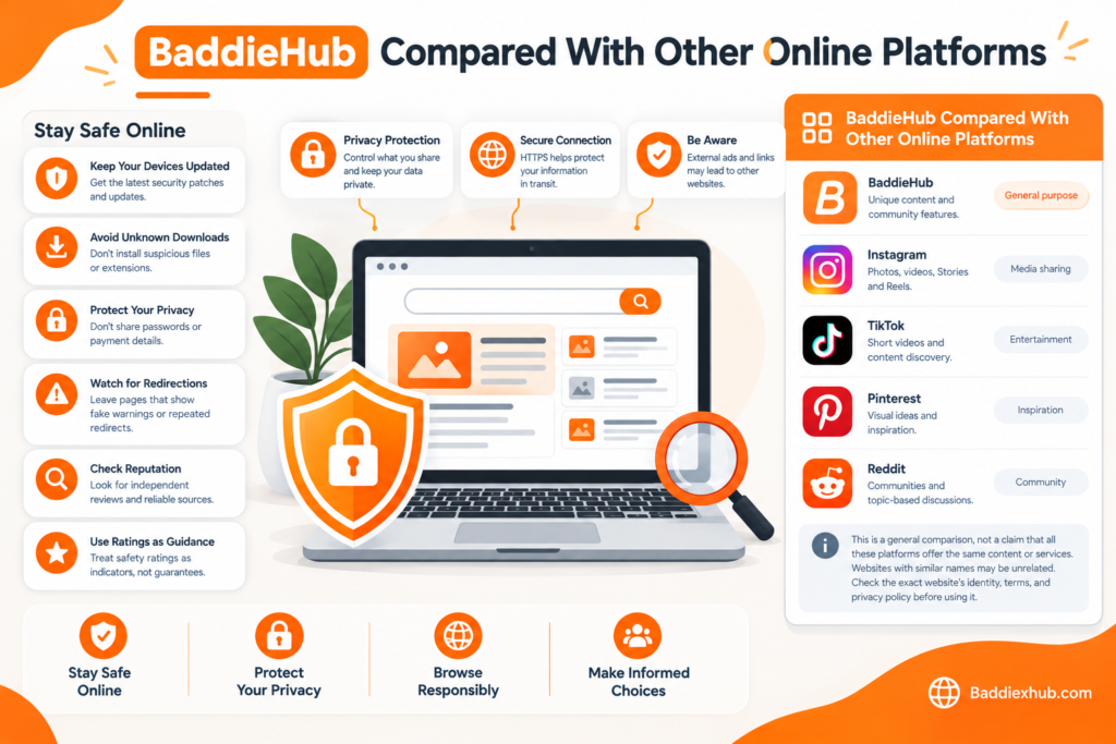 BaddieHub compared with Instagram, TikTok, Pinterest, and Reddit in an orange-and-white infographic featuring website safety tips, privacy protection, secure browsing, and a laptop illustration, with Baddiexhub.com watermark.